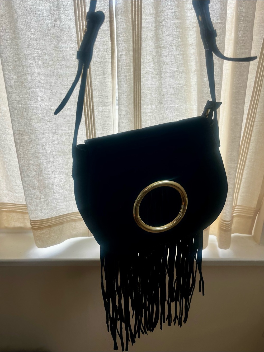 Black Fringe Crossbody Bag with Gold Ring Accent by INZI - Picture 3 of 11